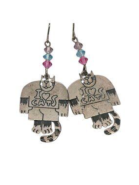 Vtg Edgar Berebi Sterling Silver I Love Cats Dangle Earrings w/Beads